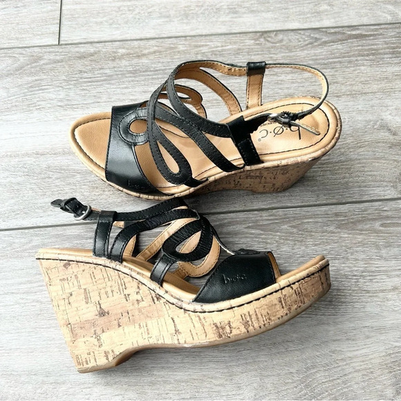 BOC Born Concept Black Leather Wedge Heels Sandals - Picture 4 of 16